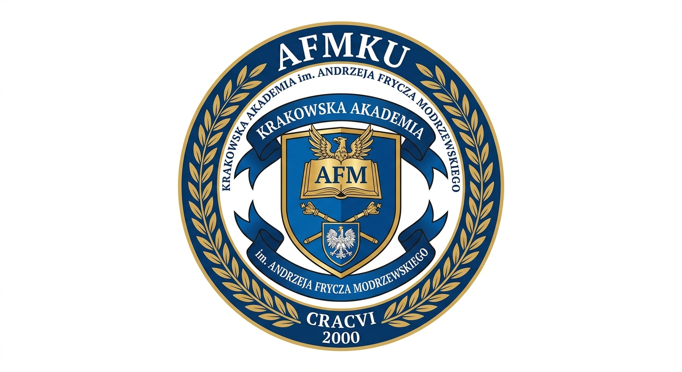 Andrzej Frycz Modrzewski Krakow University official logo featuring the university crest with the AFMKU acronym and Polish text on a white background