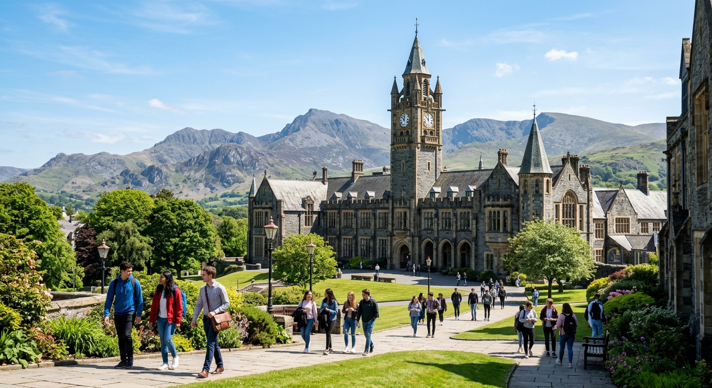 Bangor University historic main building with clock tower set against the mountains of Snowdonia in North Wales, students walking on campus grounds under a clear sky