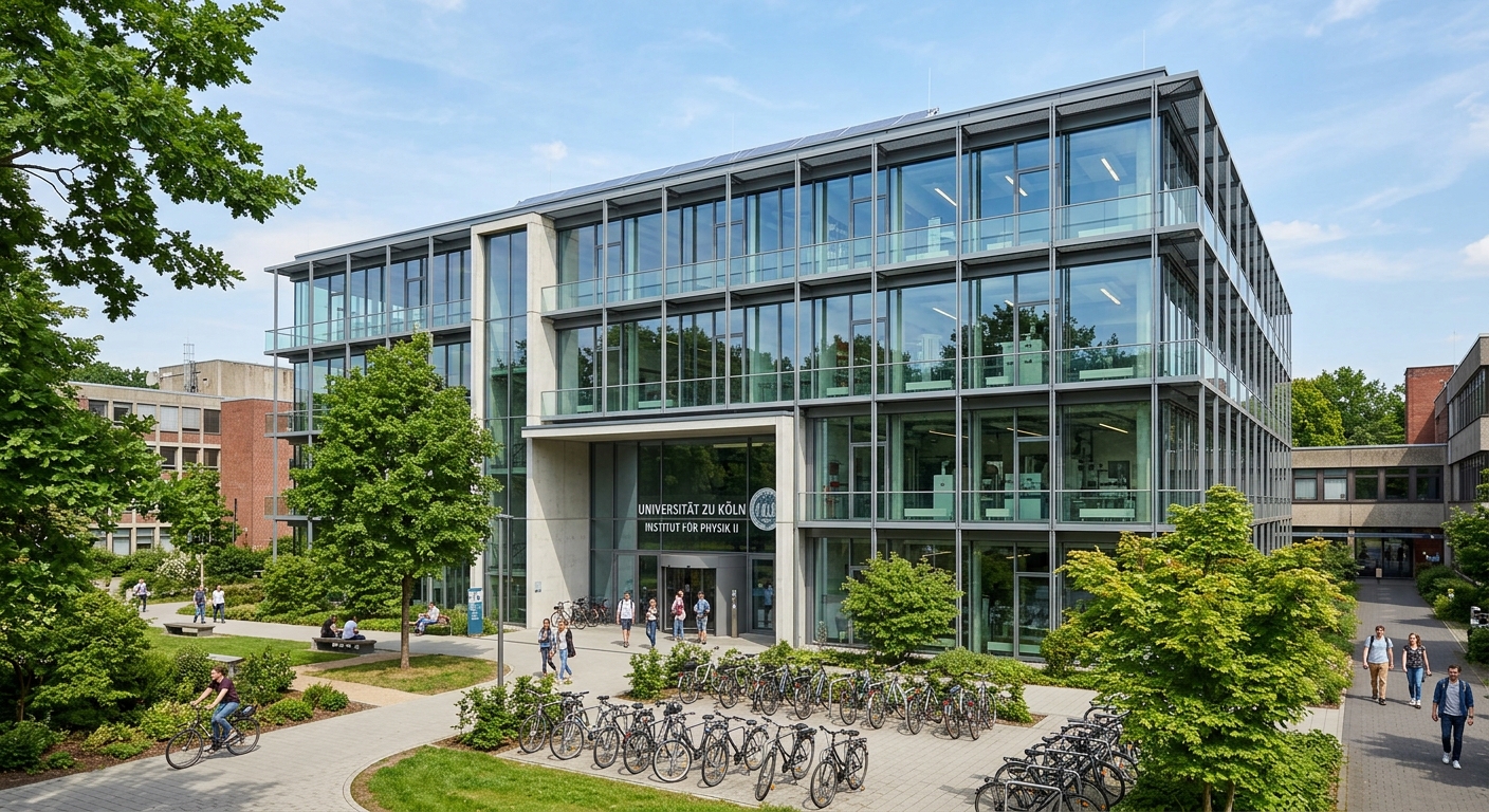 University of Cologne modern physics laboratory building, five-story contemporary architecture with glass facades, bicycle racks and green courtyard, sunny day