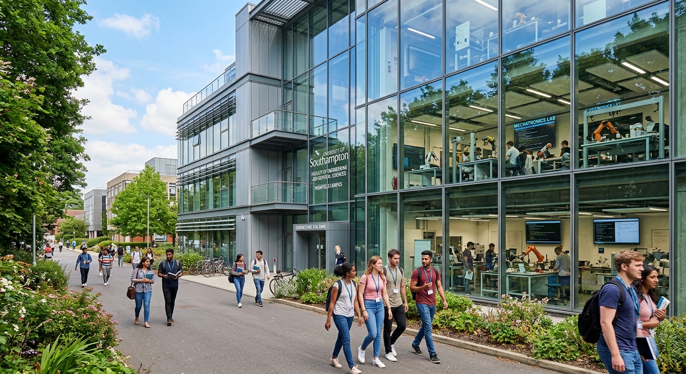 University of Southampton Highfield Campus engineering building with modern glass facade, students walking along tree-lined pathways, electronics and mechatronics labs visible through windows, bright daylight with blue sky