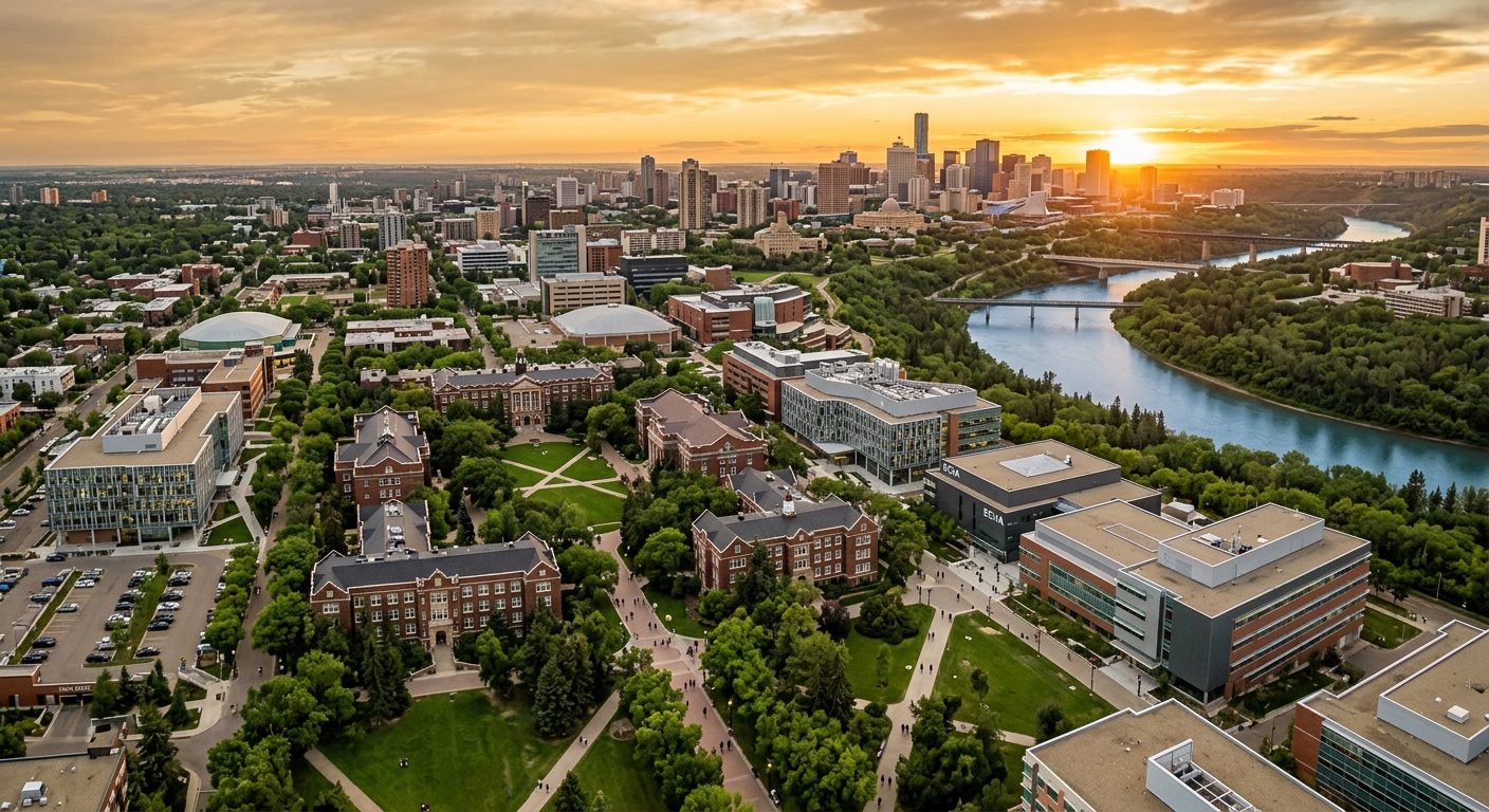 University of Alberta North Campus aerial view, historic brick and modern buildings along the North Saskatchewan River valley, green lawns and tree-lined pathways, Edmonton skyline in background, warm golden hour light