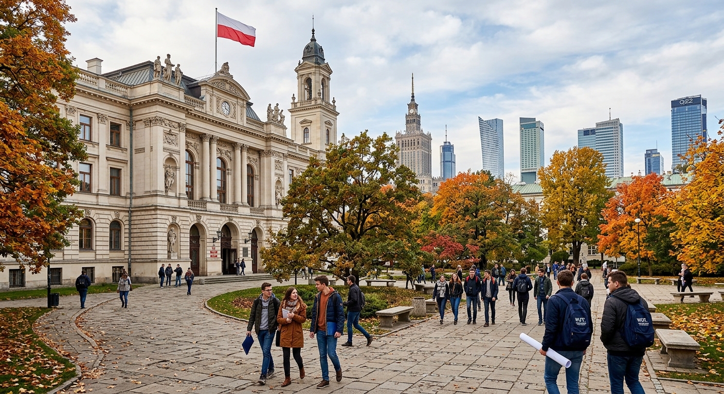 Warsaw University of Technology main campus building with classical architecture, engineering students walking through courtyard, Polish flag visible, modern city skyline of Warsaw in background, autumn trees lining pathways