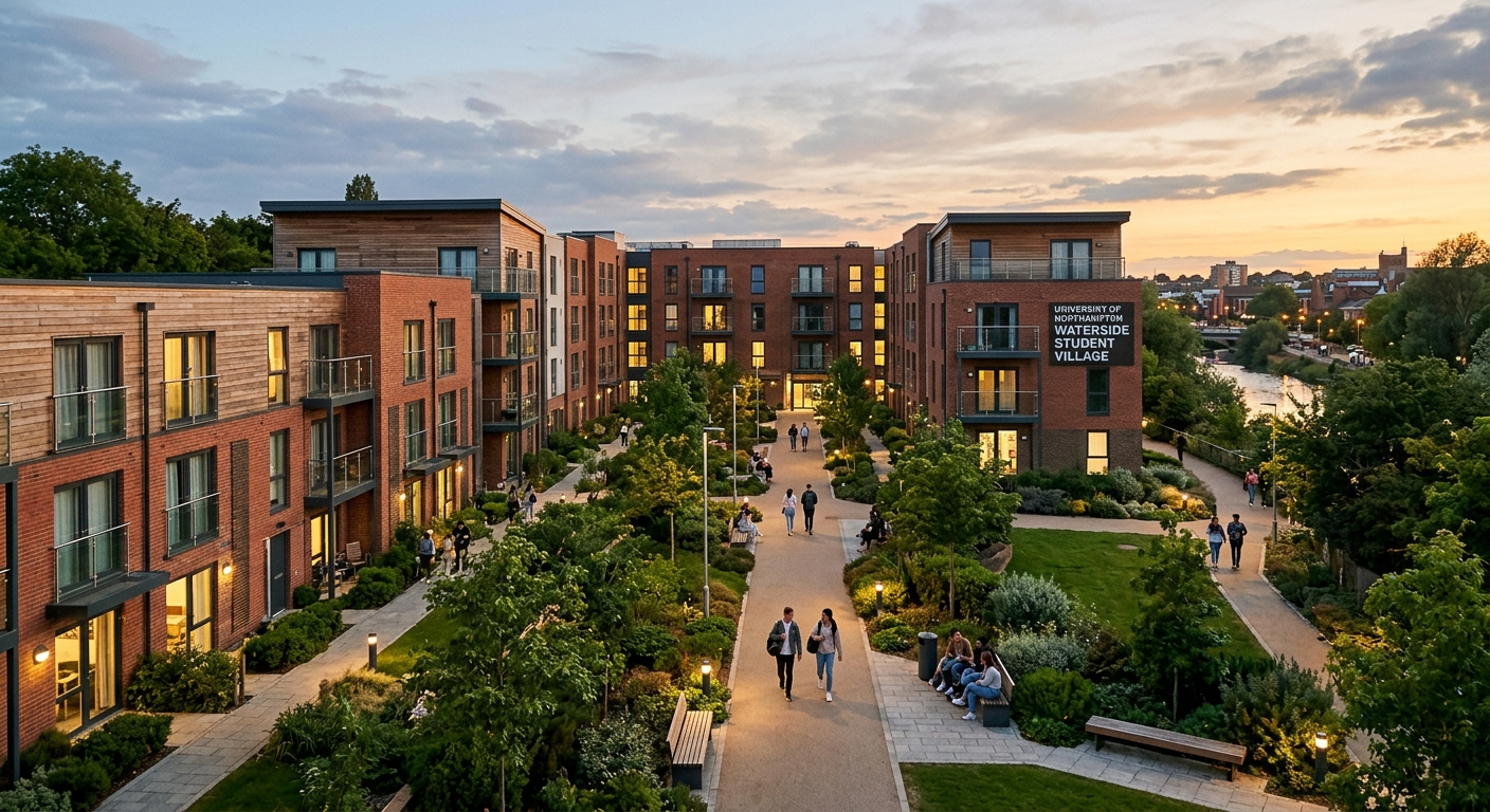 University of Northampton Waterside Campus student village with modern townhouses and apartment blocks arranged around landscaped courtyards, brick and timber cladding, warm evening light