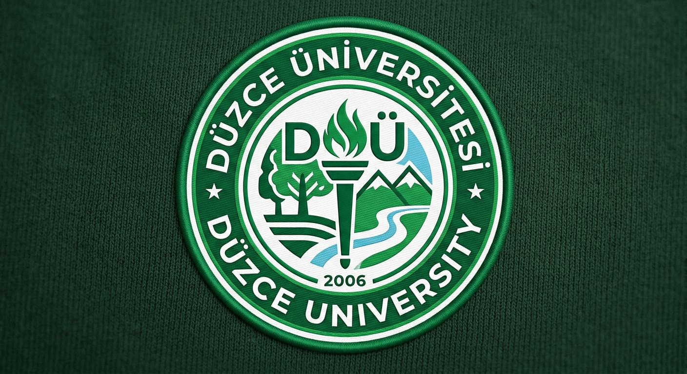 Düzce University official logo, circular emblem with university name in Turkish and English, green and white color scheme