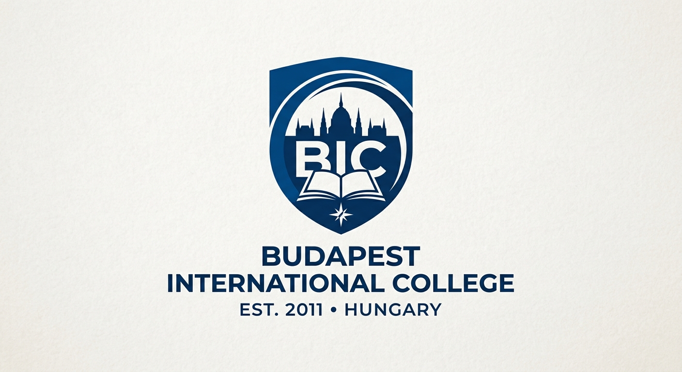 Budapest International College BIC official logo, modern blue and white design with stylized academic emblem