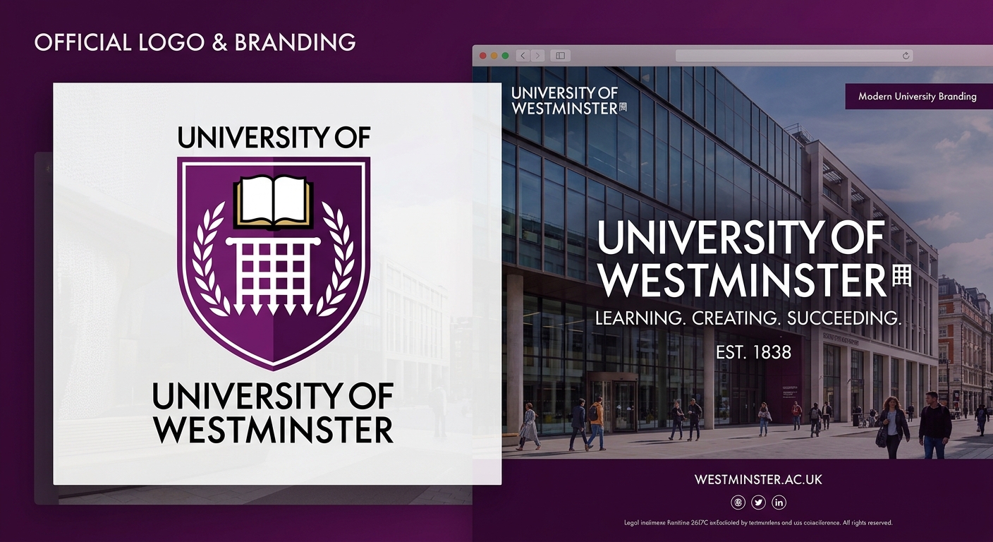 University of Westminster official logo, purple and white shield crest with portcullis and open book, modern university branding