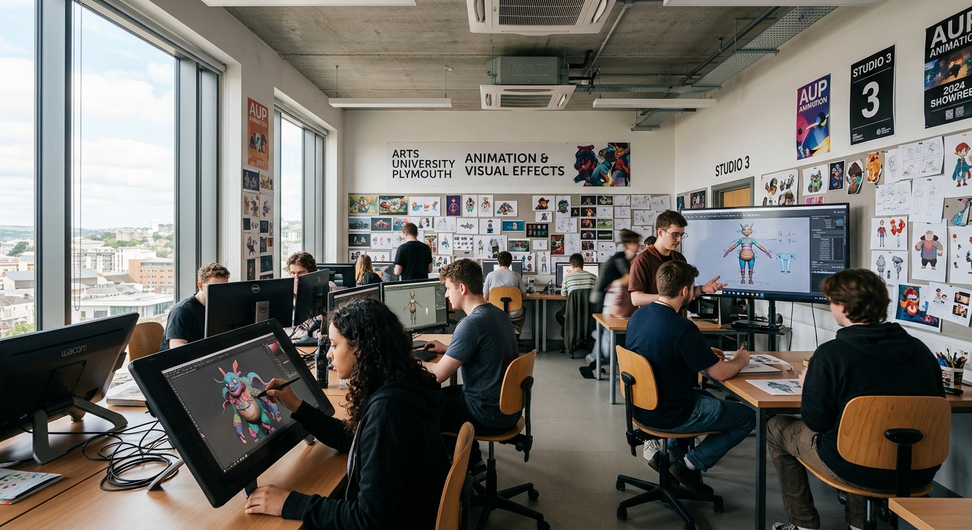Modern animation studio at Arts University Plymouth with students working on digital drawing monitors, 3D character models displayed on screens, colorful concept art pinned to walls, natural light streaming through large windows, creative collaborative workspace