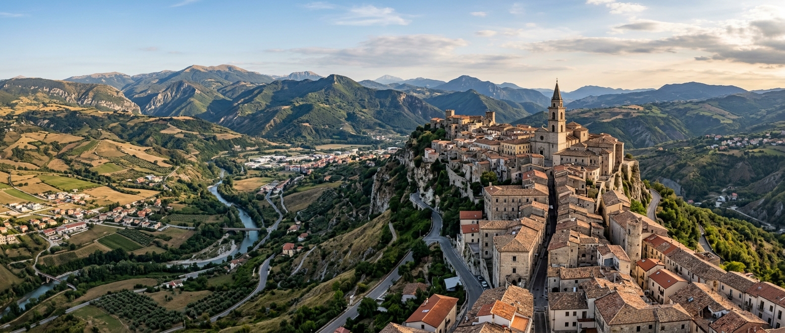 Panoramic view of Potenza city perched on Apennine mountain ridge, historic center with cathedral bell tower, Basento river valley below, southern Italian landscape