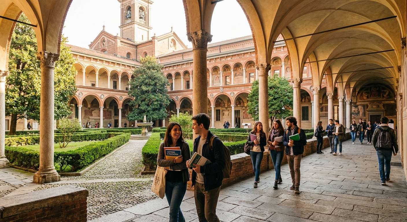 Università Cattolica del Sacro Cuore Milan campus historic Cistercian monastery courtyard with arched cloisters, students walking with books, warm Italian sunlight filtering through columns