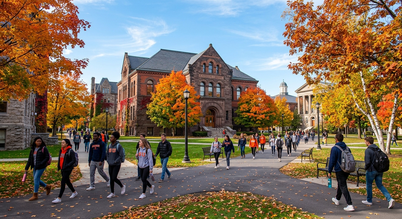 Syracuse University campus in autumn with orange and red foliage, Carnegie Building visible among historic stone architecture, students walking along tree-lined pathways under a clear blue sky
