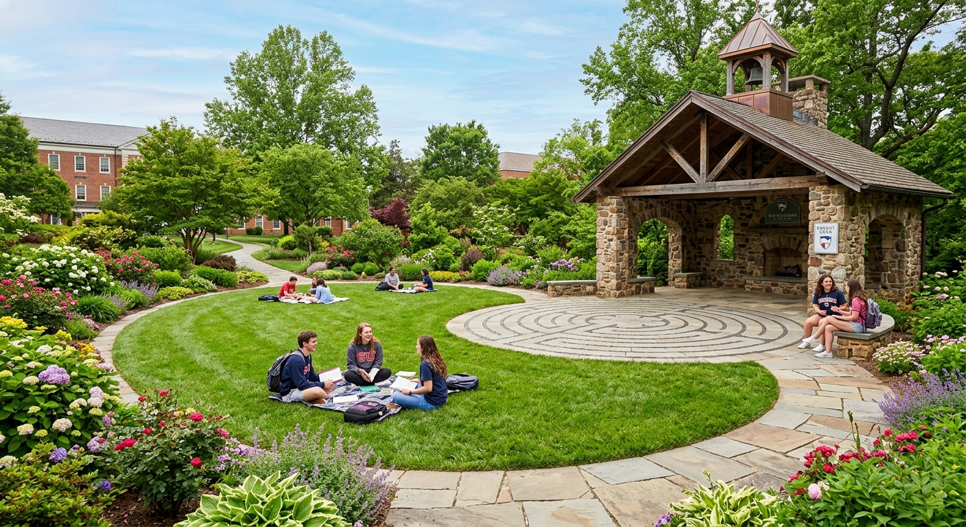 Sarah's Glen garden and pavilion at Shenandoah University, oval green lawn surrounded by landscaped gardens, stone pavilion with labyrinth, students relaxing outdoors