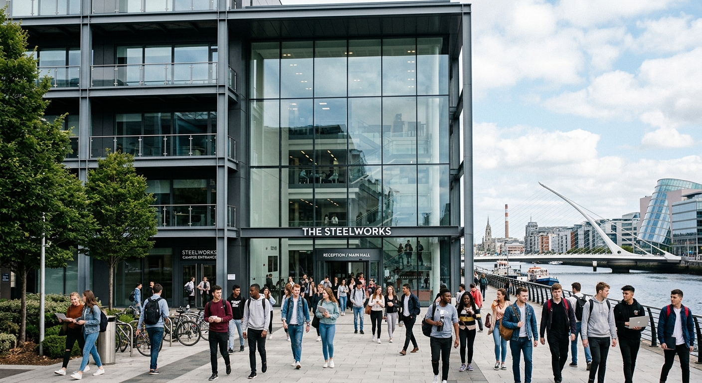 Modern five-story Steelworks building in Dublin city centre, floor-to-ceiling glass atrium, students walking near campus entrance with Dublin cityscape and Silicon Docks area visible in background