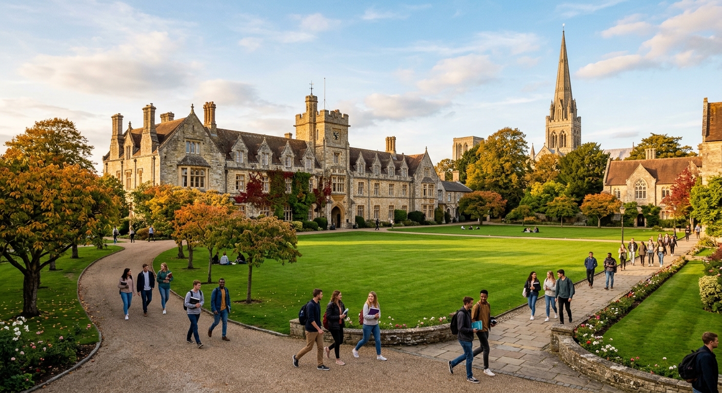 Historic Bishop Otter Campus at University of Chichester with stone buildings surrounded by green lawns, students walking along tree-lined paths, cathedral spire visible in the background, warm afternoon light
