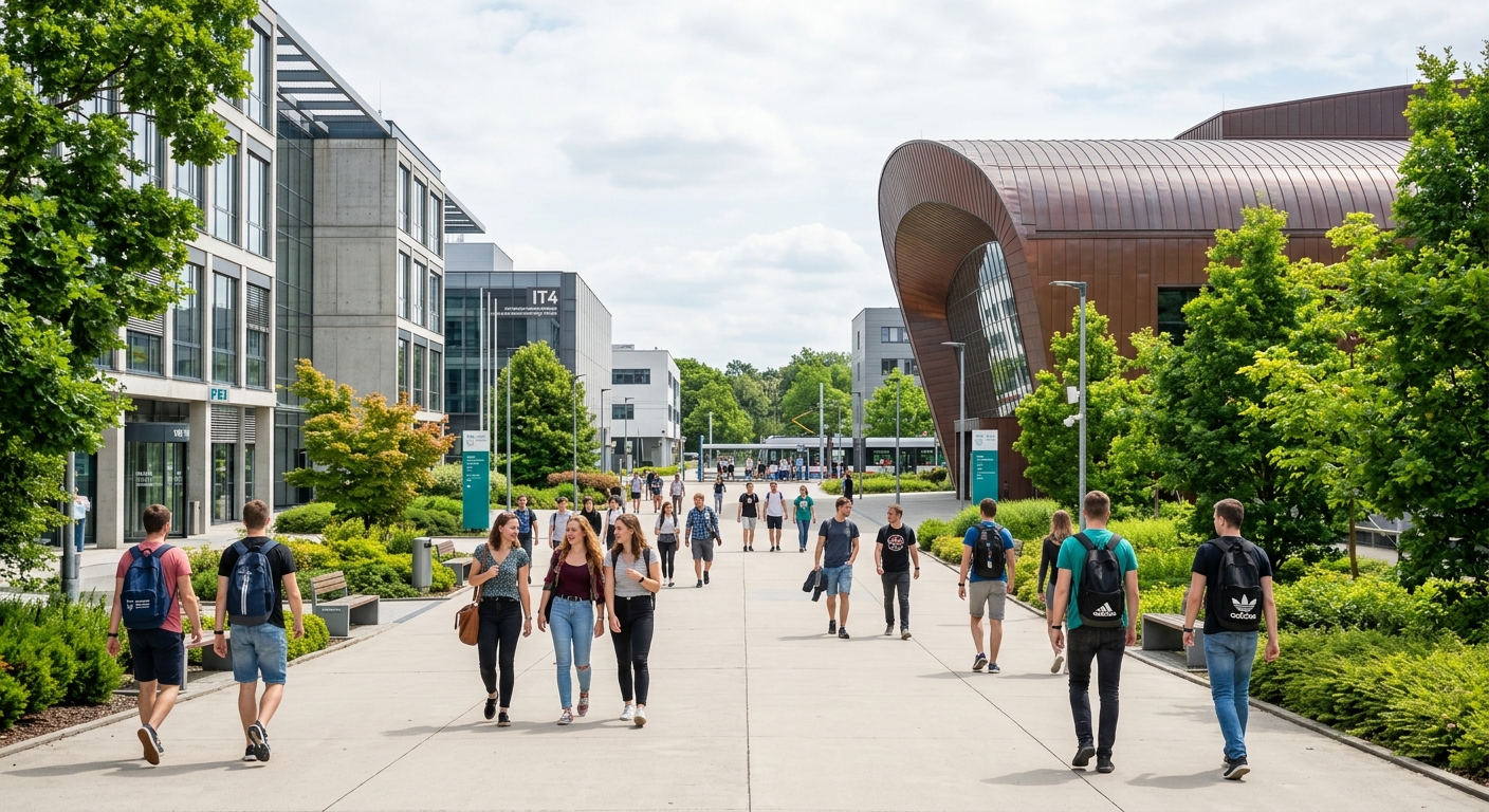 Modern university buildings at VSB-TUO campus in Ostrava-Poruba, wide pedestrian walkways, green trees, students walking between lecture halls