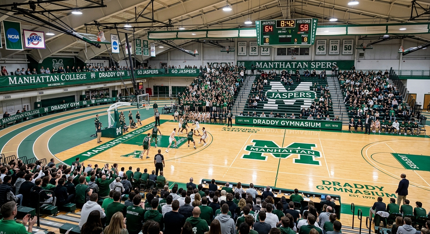 Draddy Gymnasium interior showing basketball court with Manhattan Jaspers branding, bleacher seating, and indoor track