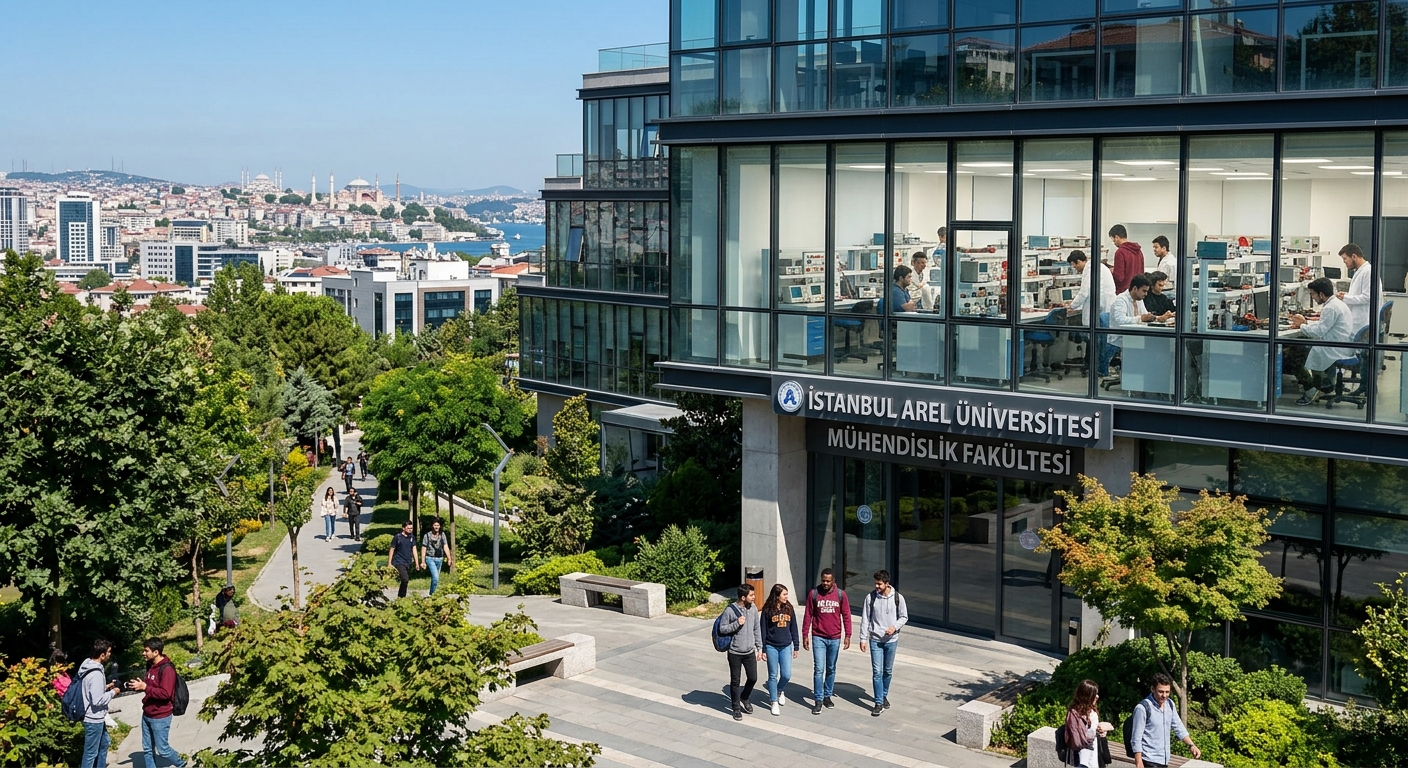 Modern Istanbul Arel University engineering campus building with glass facade, electrical engineering laboratory equipment visible through windows, students walking on tree-lined pathways, Istanbul cityscape in background with clear blue sky