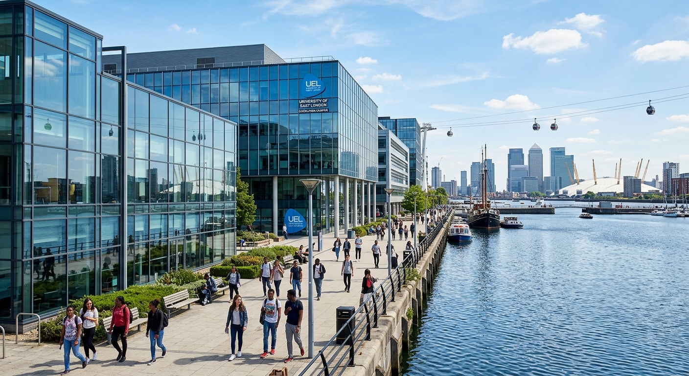 Modern waterfront campus of University of East London at Docklands, contemporary glass buildings overlooking Royal Victoria Dock, students walking along the riverside promenade, London skyline in the background, bright daylight
