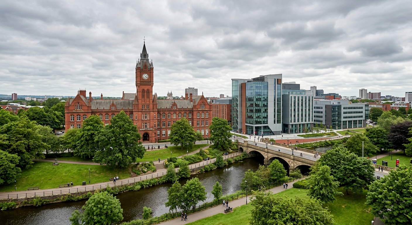 University of Salford Peel Park campus wide shot, Victorian red brick Peel Building alongside modern glass buildings, green parkland along the River Irwell, overcast English sky