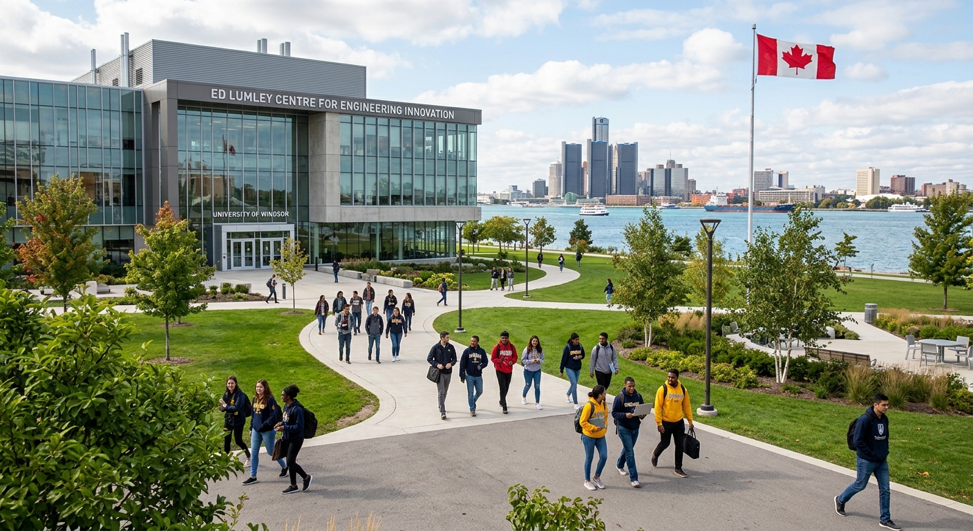 Modern engineering campus at the University of Windsor featuring the Ed Lumley Centre for Engineering Innovation, students walking along pathways with the Detroit River in the background, bright daylight, Canadian flag visible