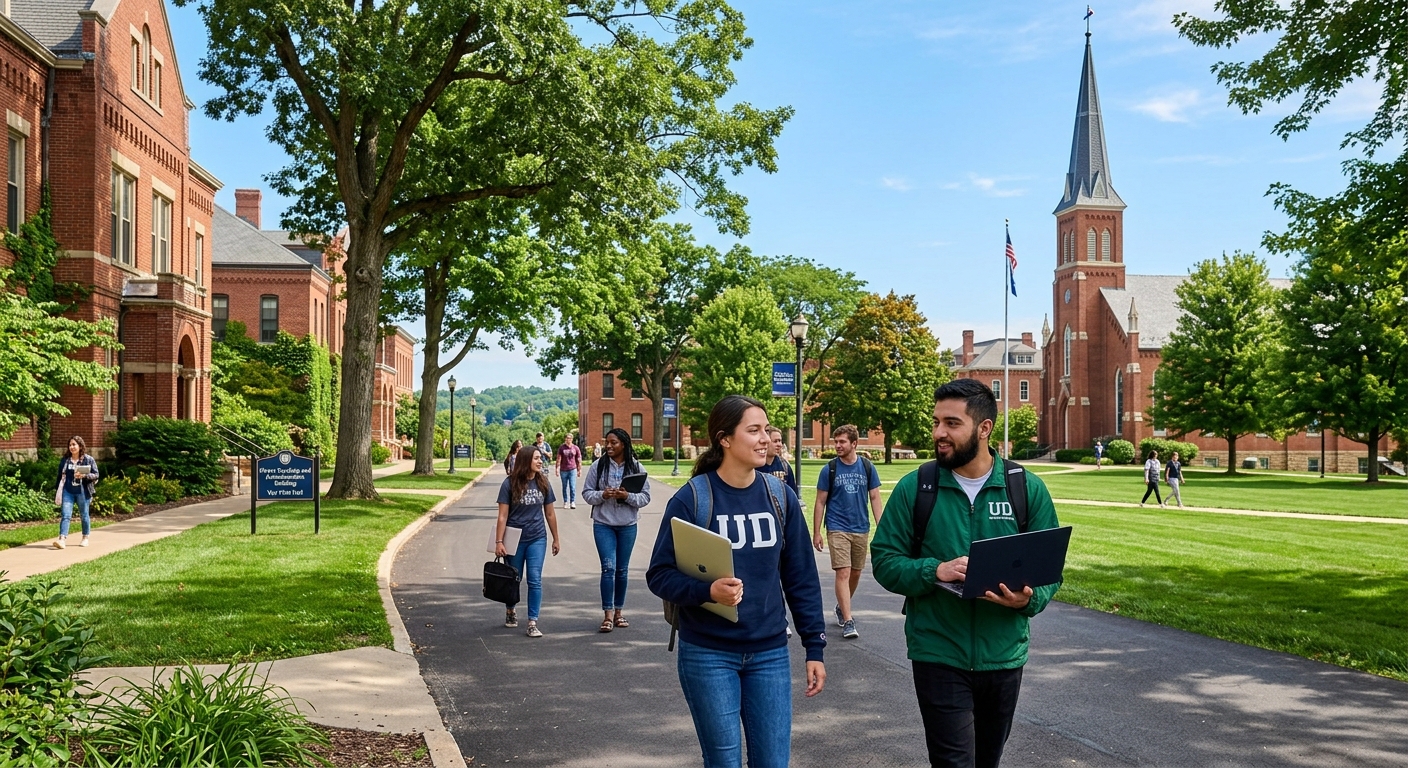 University of Dubuque campus in Dubuque Iowa with historic brick buildings, green lawns, and tree-lined walkways under a clear blue sky, graduate students walking with laptops