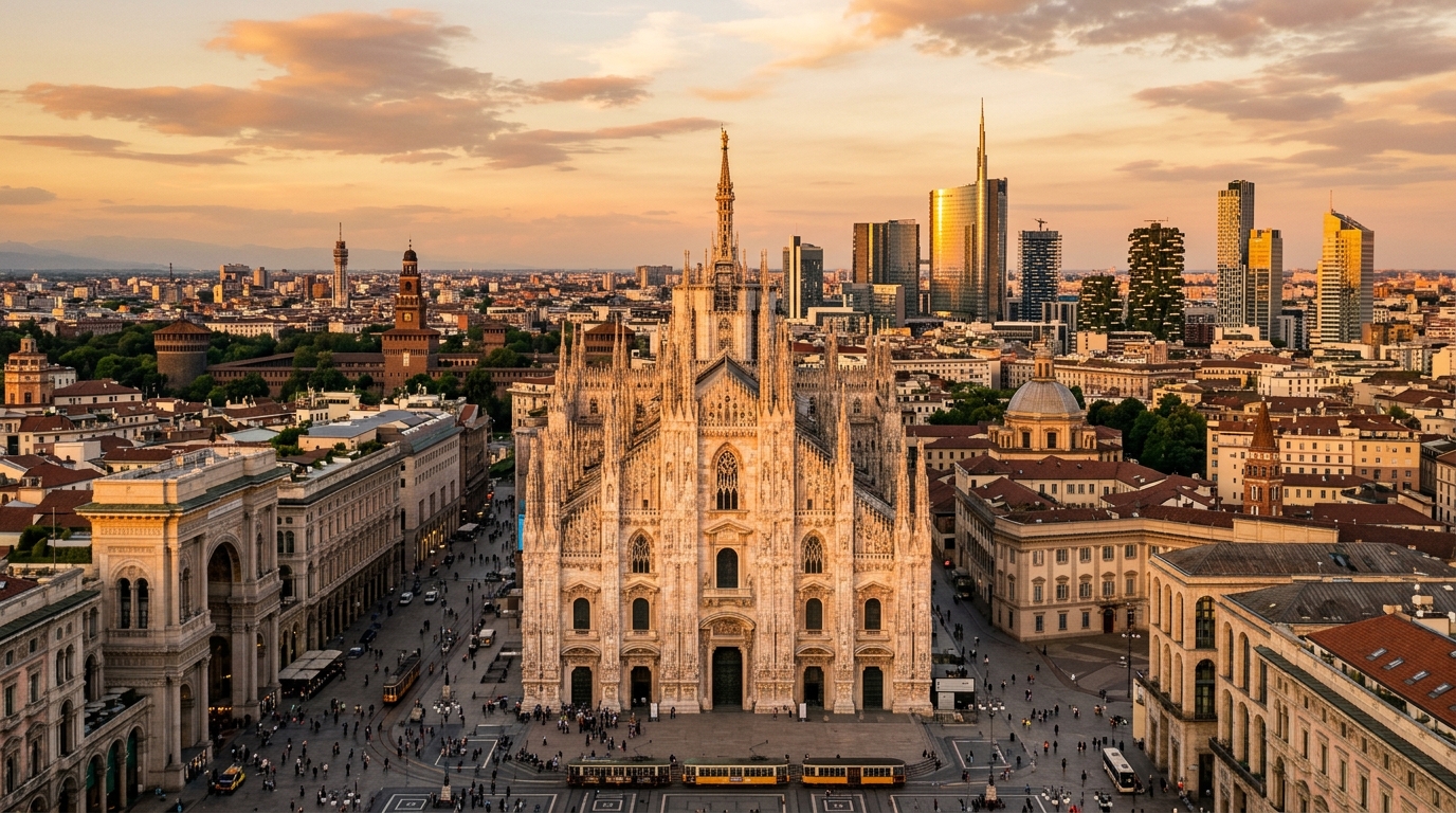 Milan city skyline panorama, Duomo cathedral in foreground, modern skyscrapers of Porta Nuova district in background, golden hour light, Italian urban landscape