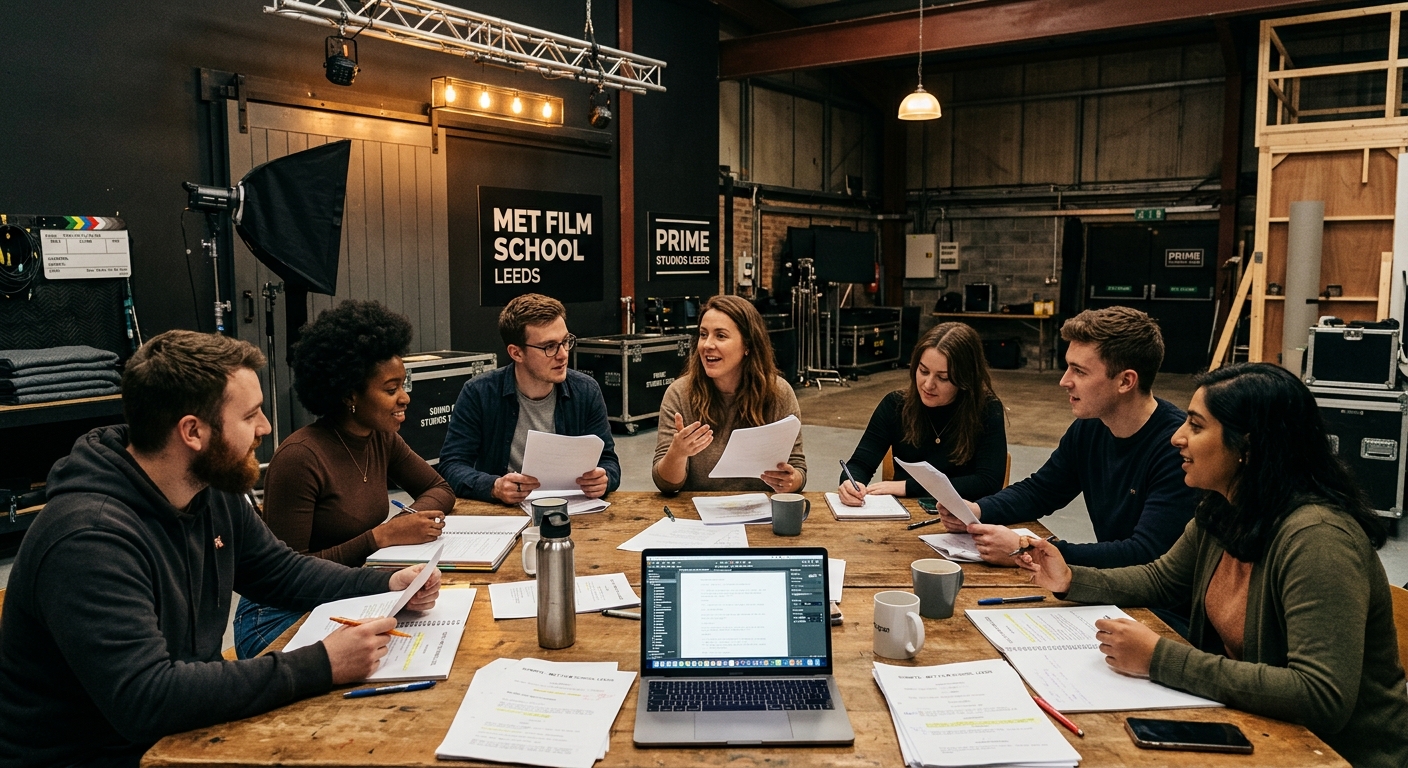 Creative screenwriting workshop at Met Film School Leeds campus, students gathered around a table discussing scripts with industrial studio backdrop, warm lighting, professional film production environment at Prime Studios Leeds