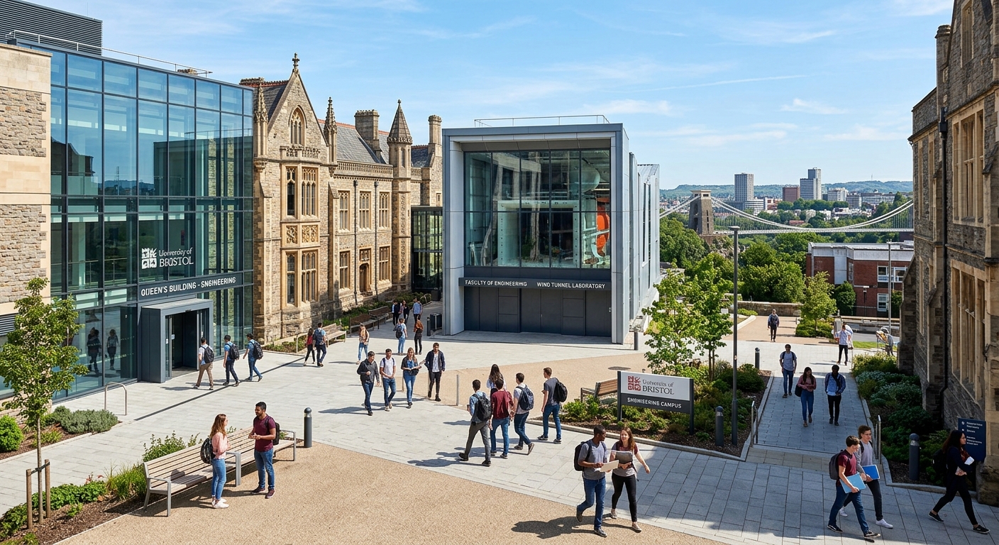 University of Bristol engineering campus with modern laboratory buildings, wind tunnel facility, and students walking through the courtyard, historic stone architecture blending with contemporary glass structures, clear sky over Bristol cityscape