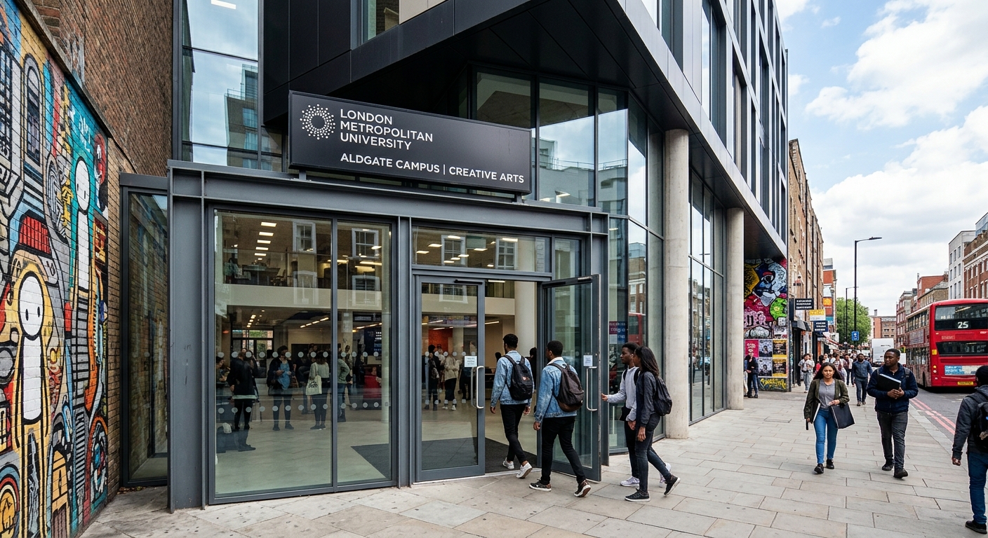London Met Aldgate campus, creative arts building in East London, contemporary architectural design, students entering through glass doors, Whitechapel and Shoreditch street art visible nearby