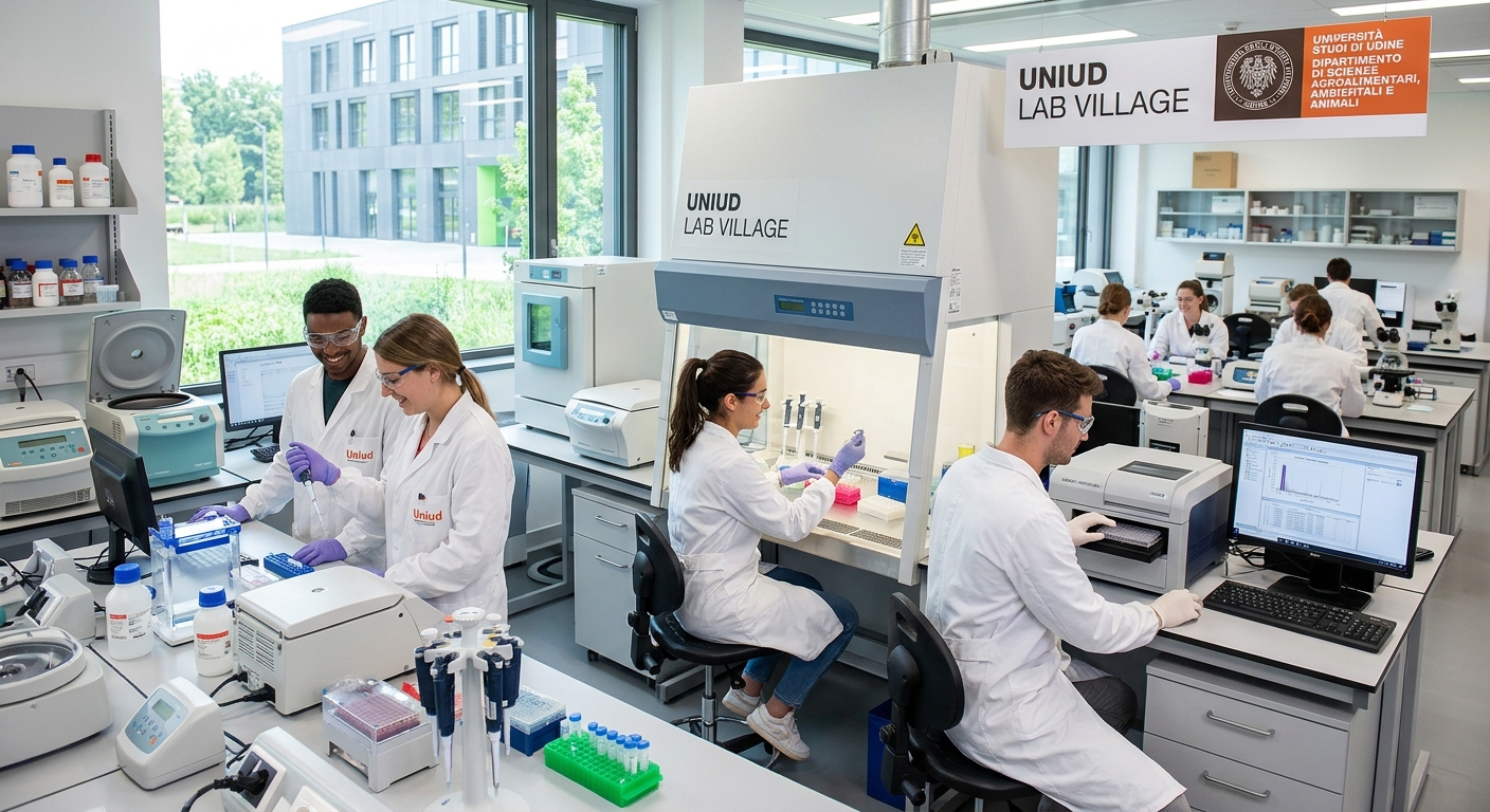Modern university laboratory at University of Udine, students working with scientific equipment, bright clean interior, Uniud Lab Village research hub