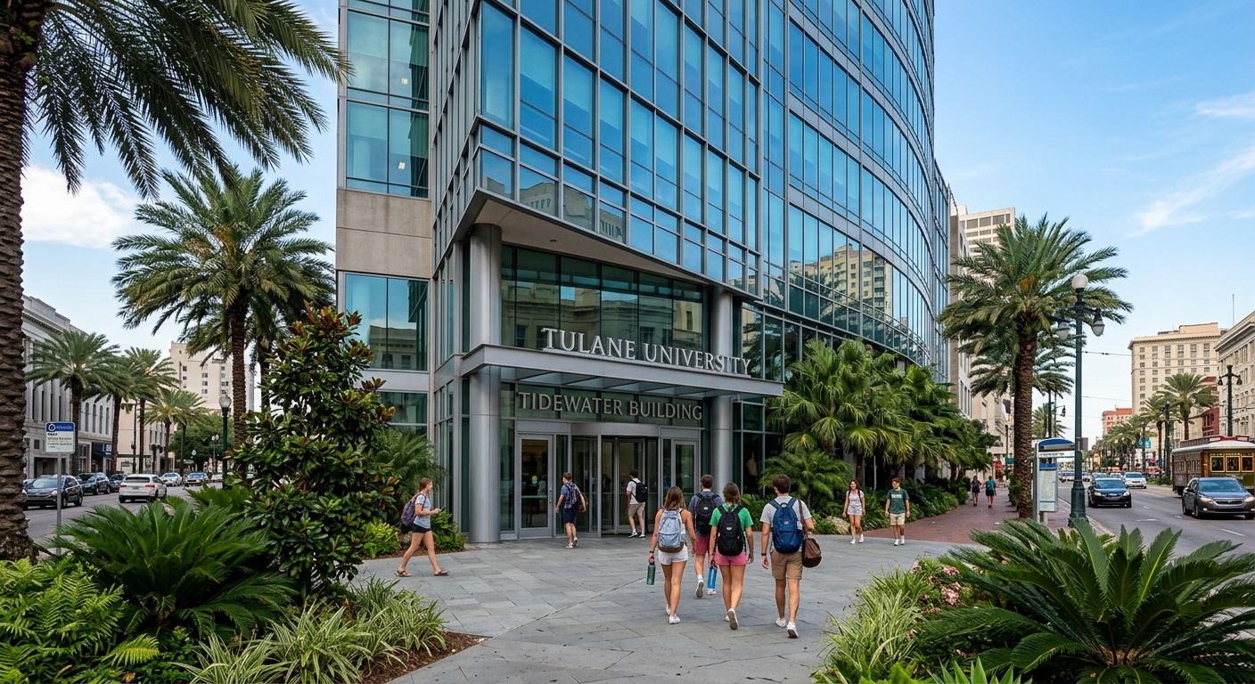 Tulane University Tidewater Building in downtown New Orleans, modern glass and steel architecture, students walking near the entrance, tropical greenery and palm trees, warm sunny day in Louisiana