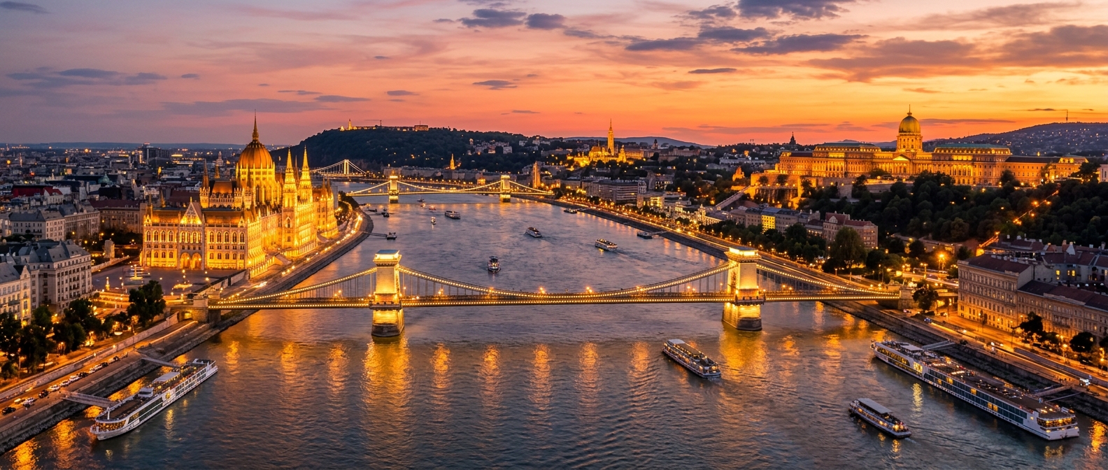 Panoramic view of Budapest skyline at sunset, Hungarian Parliament Building along the Danube River, Chain Bridge illuminated, Buda Castle on the hill, warm golden light reflecting on the water