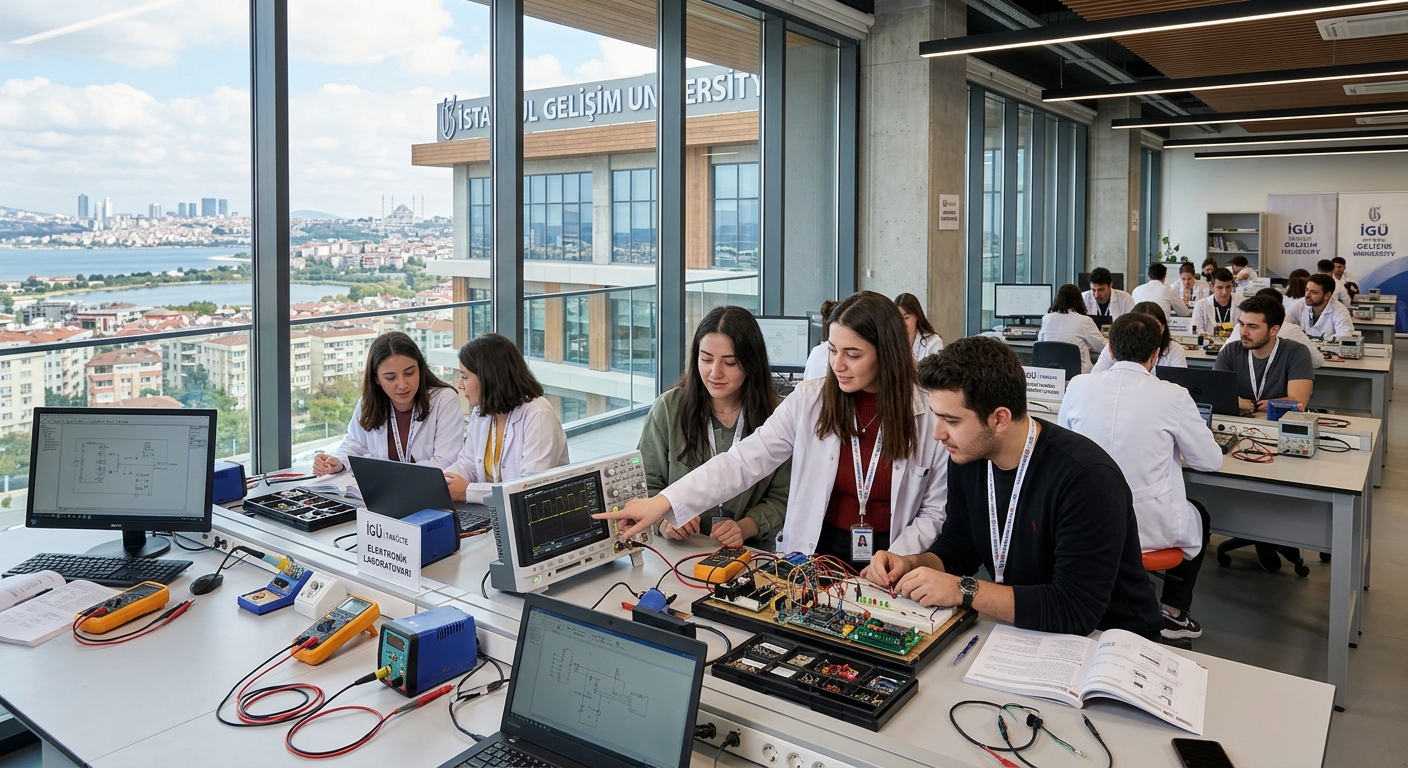 Modern engineering campus at Istanbul Gelisim University, Avcilar district, students working in electronics laboratory with oscilloscopes and circuit boards, bright contemporary building with glass facade, Istanbul skyline in background