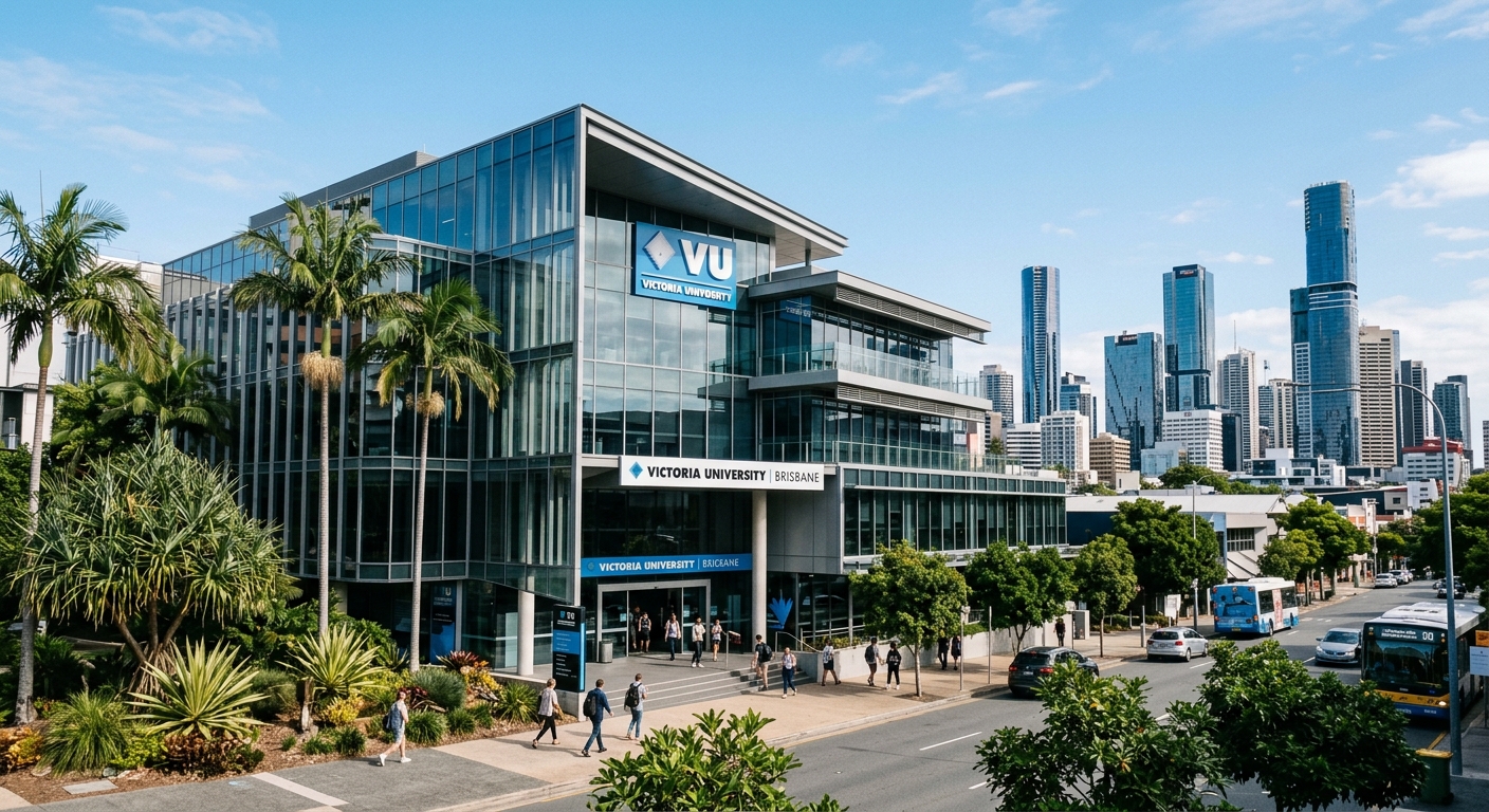 Victoria University Brisbane campus building in Fortitude Valley, modern glass facade with VU branding, palm trees and subtropical greenery, Brisbane city skyline in background, clear blue sky