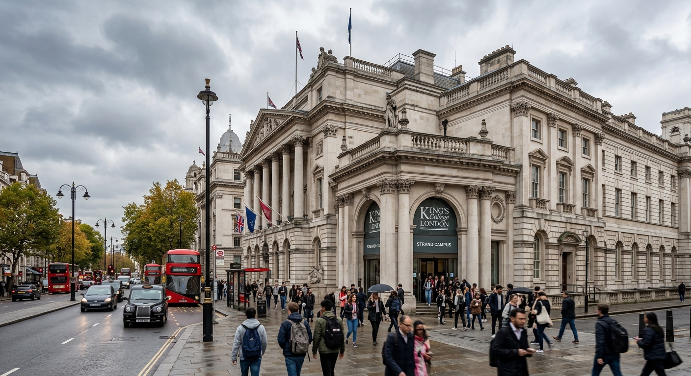 King's College London Strand Campus exterior, neoclassical King's Building with columned entrance, Somerset House adjacent, pedestrians on the Strand, overcast London sky
