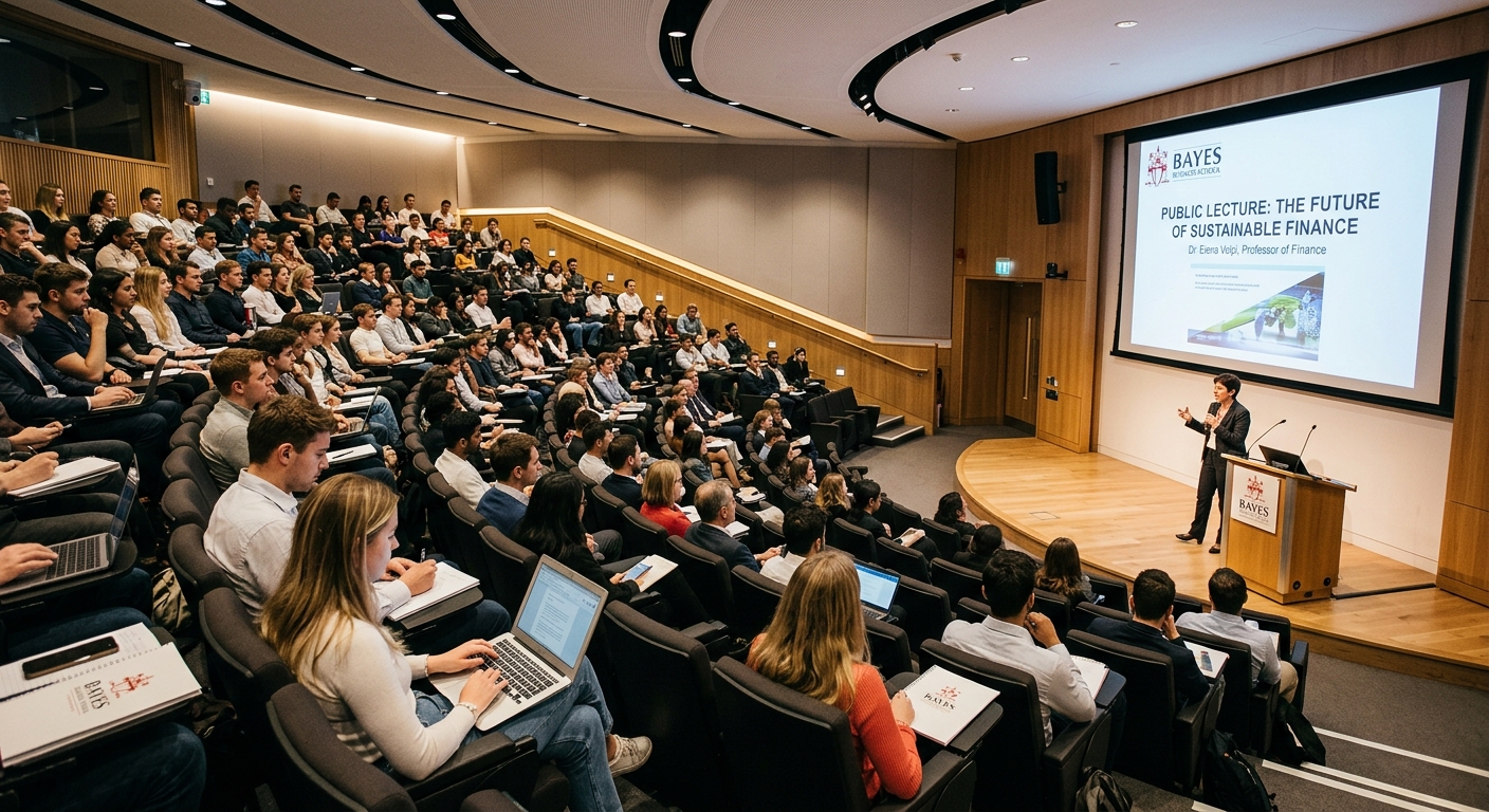 Bayes Business School 200-seat auditorium with tiered seating, modern lighting, presentation screen, students attending a public lecture