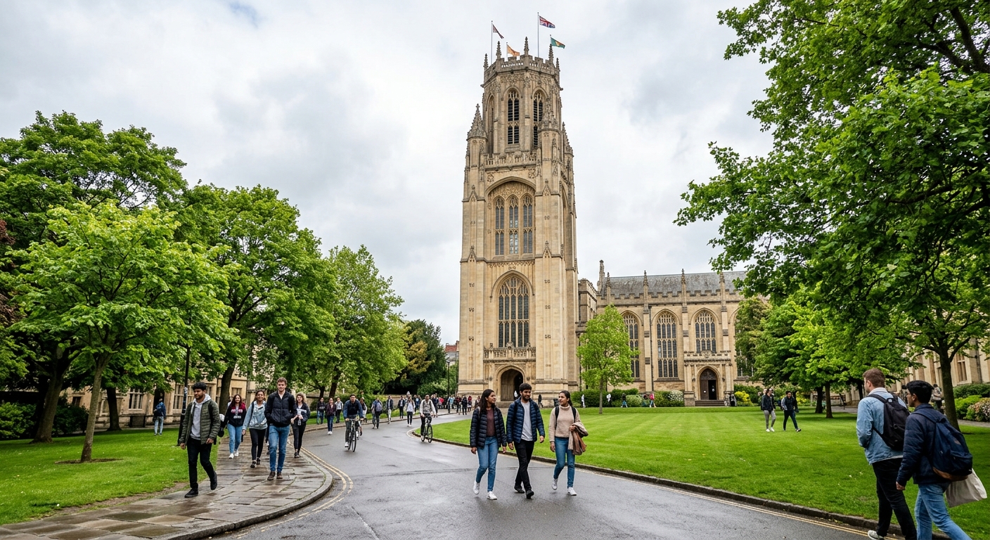 University of Bristol historic Wills Memorial Building tower with Gothic architecture, green campus grounds, students walking along tree-lined pathways, bright overcast sky typical of Bristol, United Kingdom