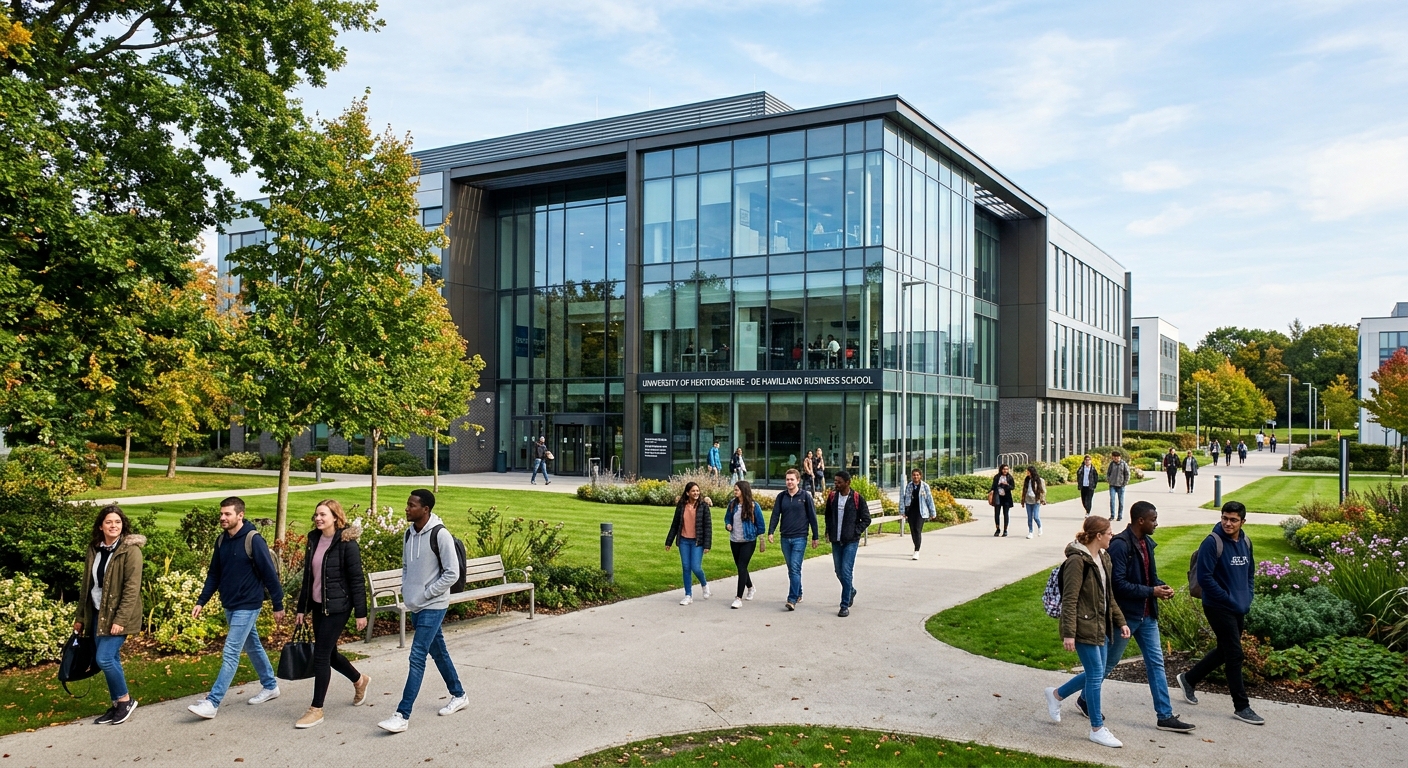 Modern de Havilland Campus at University of Hertfordshire, students walking near contemporary glass-fronted business school building, green landscaped grounds, bright daylight, Hatfield United Kingdom