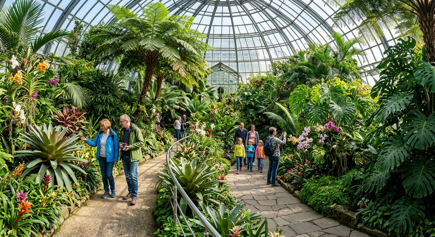 Botanical Garden of Düsseldorf at Heinrich Heine University, lush tropical greenhouse with exotic plants, walking paths, visitors exploring