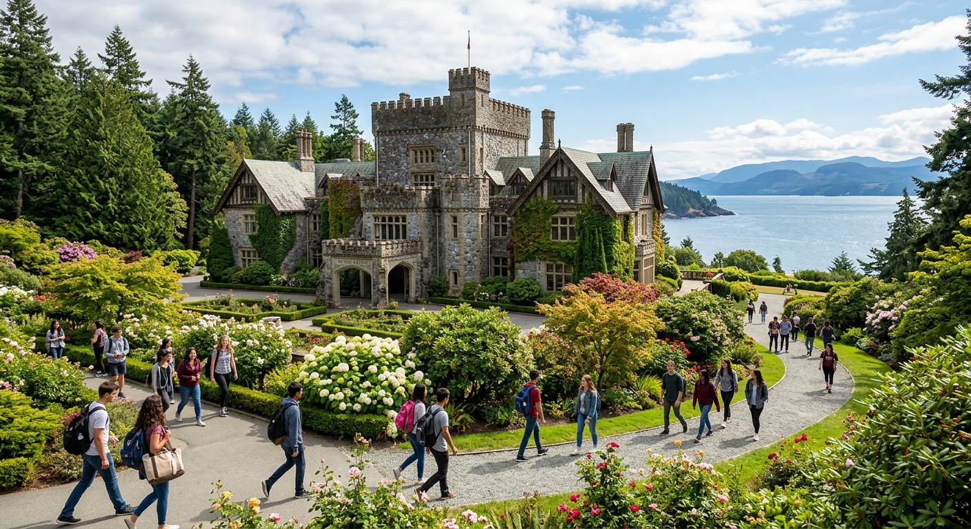 Historic Hatley Castle at Royal Roads University campus in Colwood, British Columbia, surrounded by lush gardens and Pacific Northwest forest, students walking along pathways with ocean views in the background