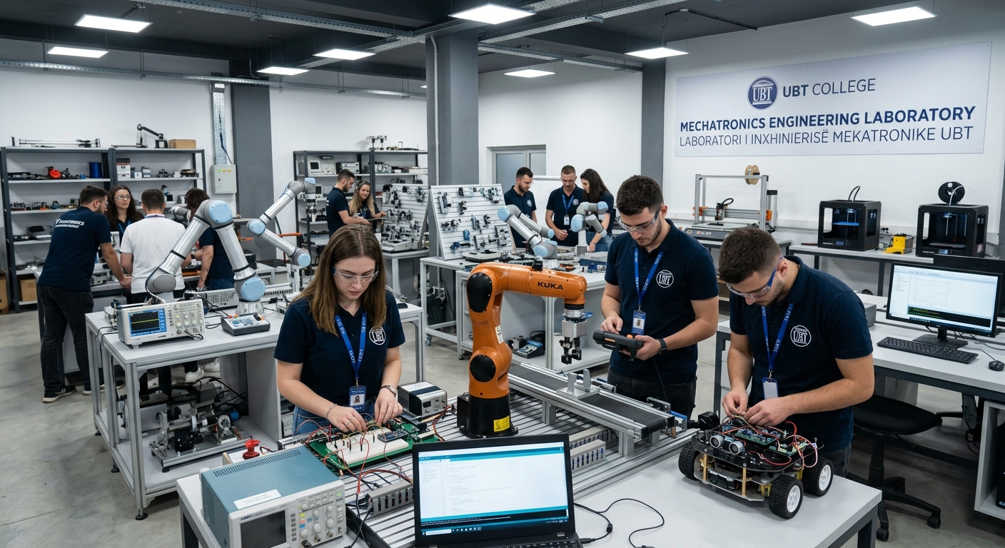 Modern mechatronics engineering laboratory at UBT College Kosovo with robotic arms, electronic circuit boards, and students working on automated systems, bright LED lighting and industrial equipment visible
