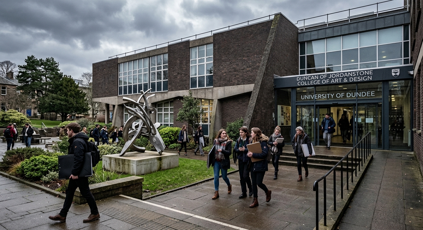 Duncan of Jordanstone College of Art and Design building at the University of Dundee, with students carrying art portfolios walking through the entrance, contemporary sculpture visible in the courtyard, overcast Scottish sky