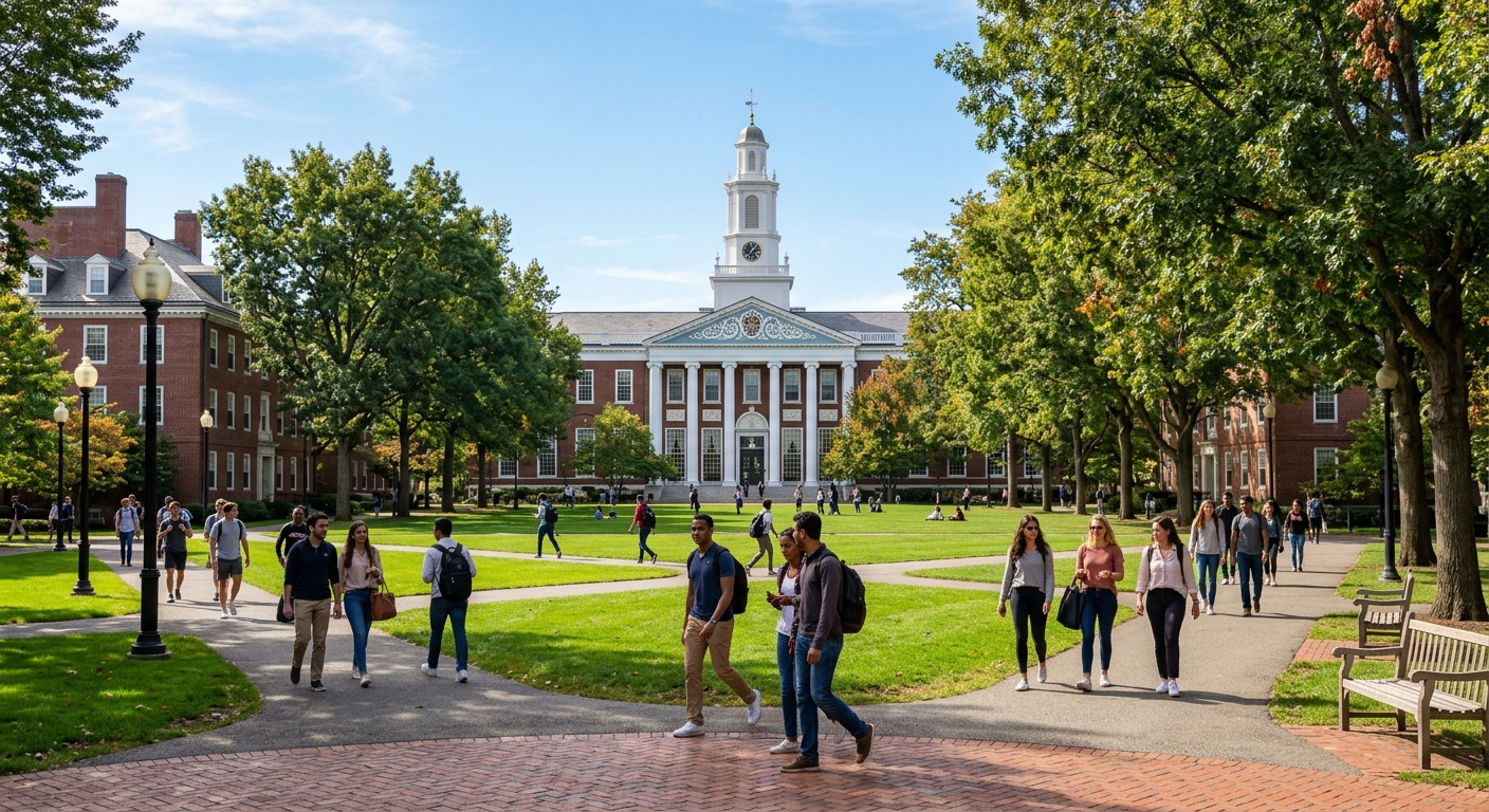 Harvard Business School campus in Boston with Baker Library's iconic Georgian brick facade, green lawns, and students walking along tree-lined paths under a clear blue sky
