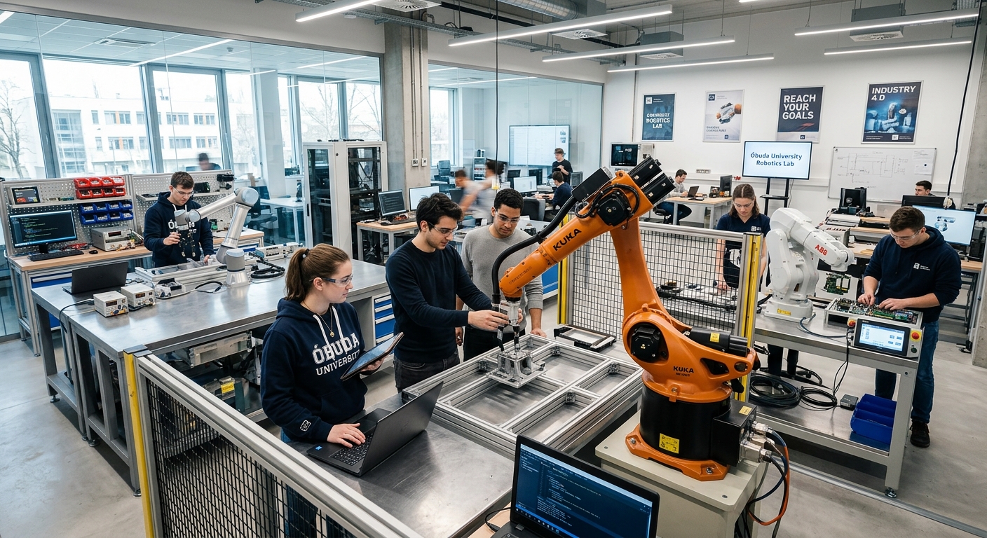 Óbuda University robotics laboratory with industrial robotic arms and students working on projects, modern high-tech equipment, bright interior lighting