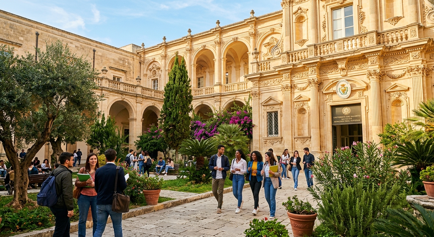 Historic Baroque architecture of Lecce, Italy with University of Salento campus buildings, students walking through sunlit courtyard with Mediterranean vegetation, warm golden stone facades