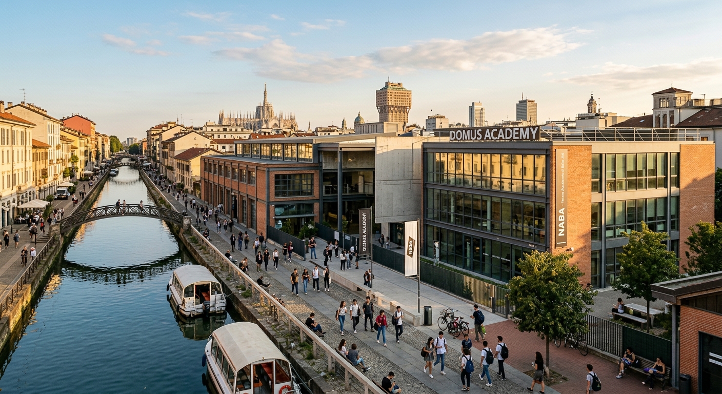Domus Academy Milan campus wide shot, modern industrial-style buildings in the Navigli canal district, contemporary architecture with large glass windows, students walking between buildings, warm Italian sunlight, urban Milan skyline in background