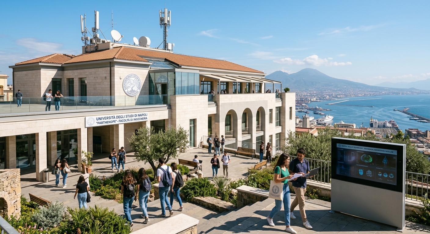 Modern engineering campus building at Parthenope University of Naples with Mediterranean architecture, students walking through sunlit courtyard, telecommunications antennas and digital health technology displays visible, Bay of Naples in the background