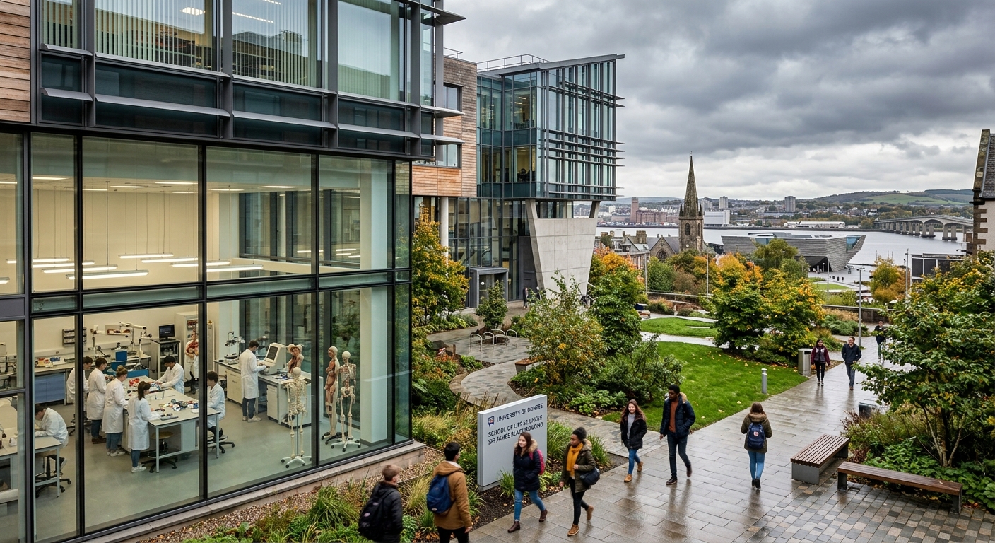 University of Dundee campus building with modern architecture, students walking through green courtyard, anatomy laboratory visible through glass windows, Scottish cityscape in background, overcast sky