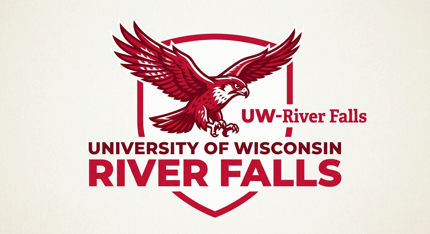 University of Wisconsin-River Falls official logo, red and white color scheme, Falcon mascot emblem, UW-River Falls text