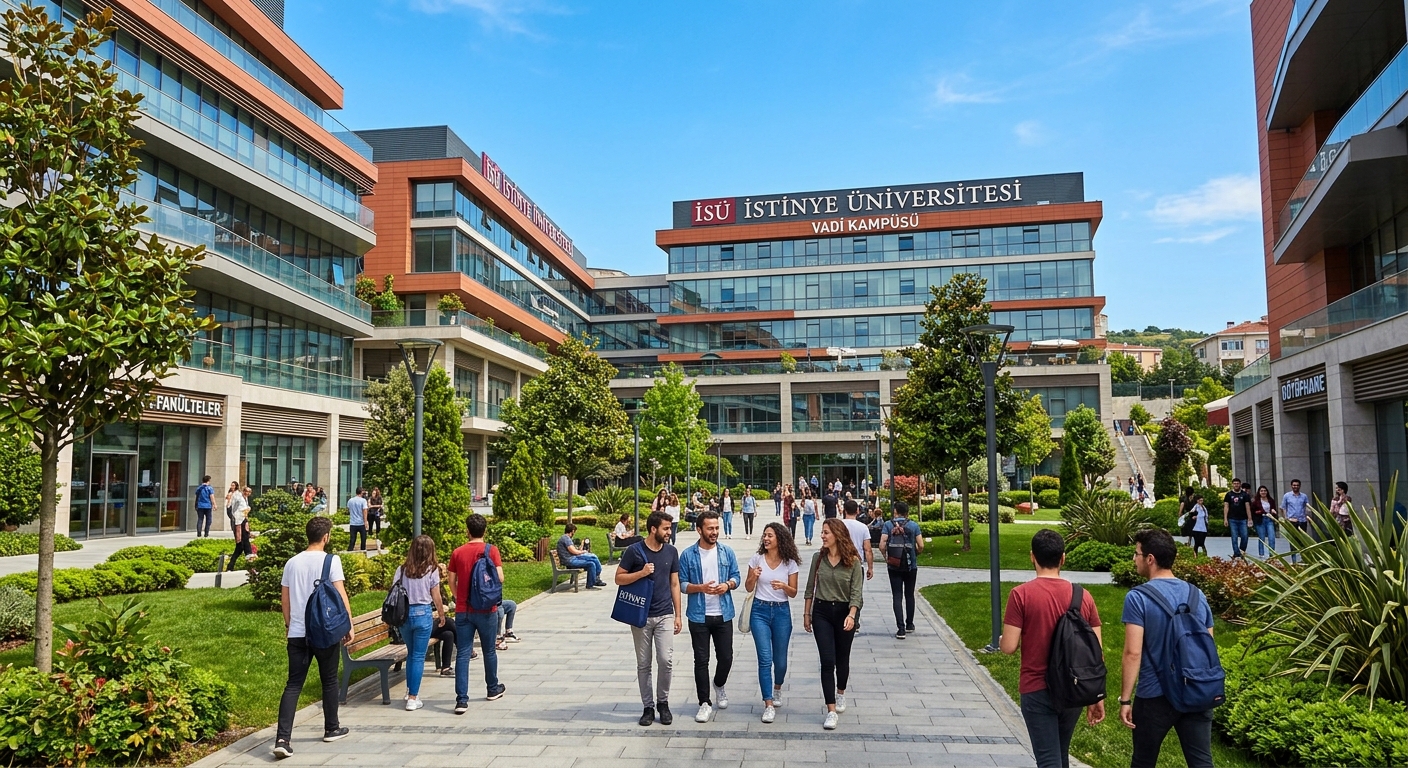 Istinye University campus in Istanbul Turkey with modern academic buildings, green courtyards, and students walking between lecture halls under a clear blue sky