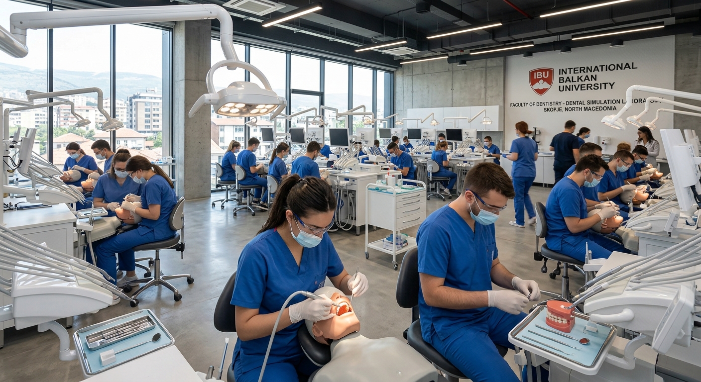 Modern dental simulation laboratory at International Balkan University in Skopje, North Macedonia, with dental training mannequins, overhead lights, and students practicing clinical procedures in a bright contemporary facility
